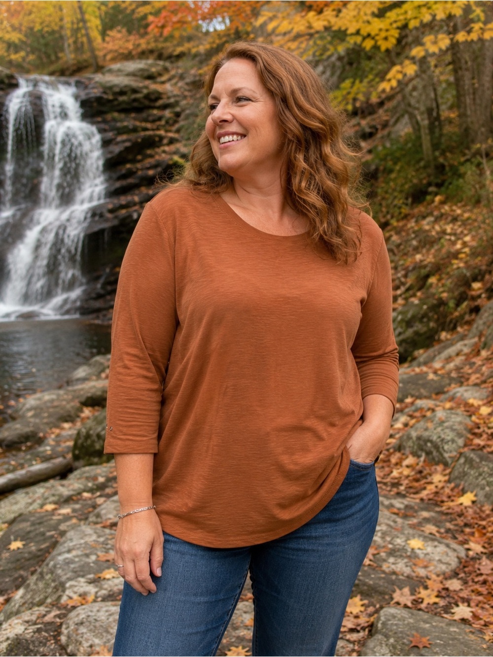 🌸 Northern Reflections 3/4 Length Sleeve Crewneck Top - Burnt Orange/Brown